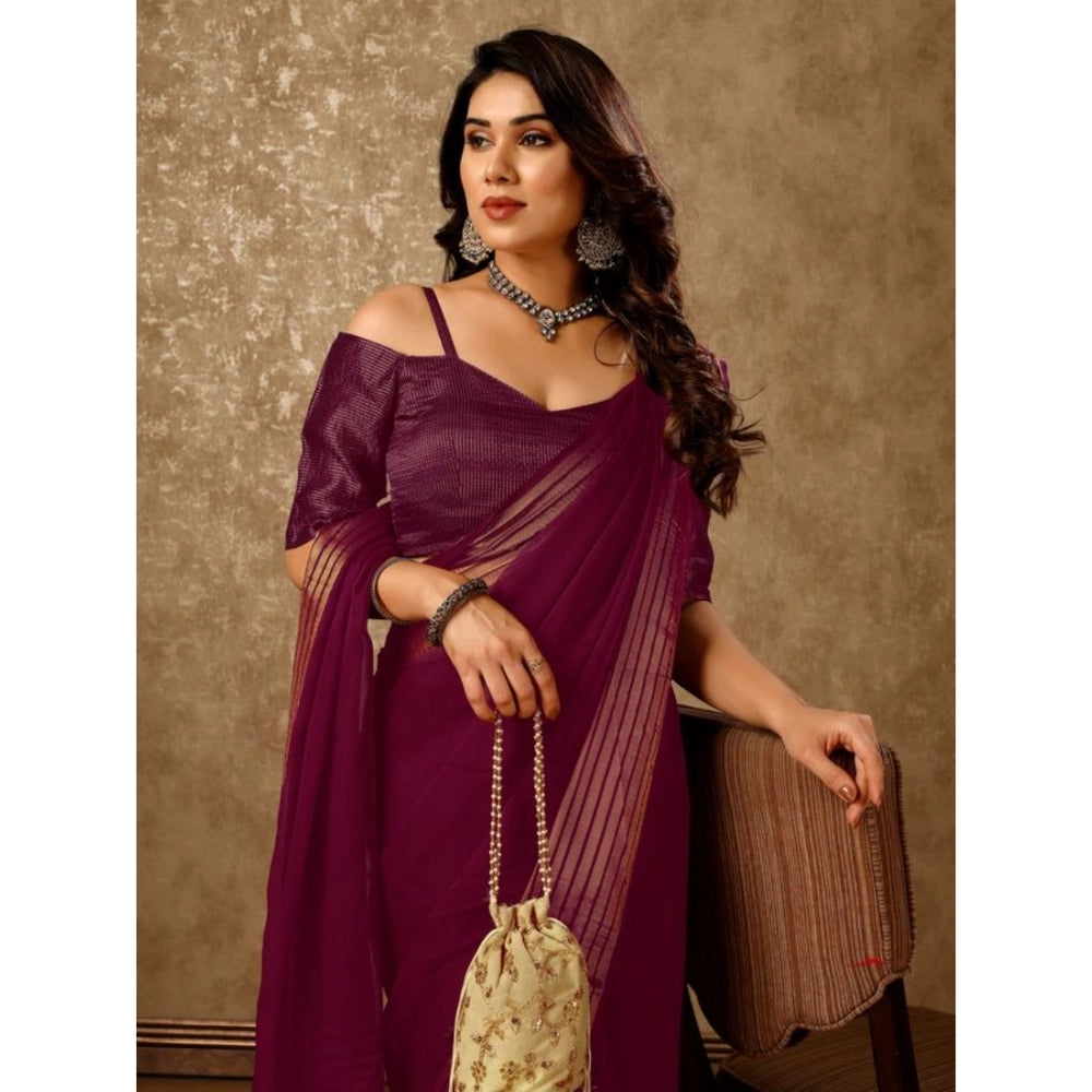 Generic Women's Chiffon Fabric Plain Saree With Unstitched Blouse (Wine, 5-6 Mtrs) - Noble Nook