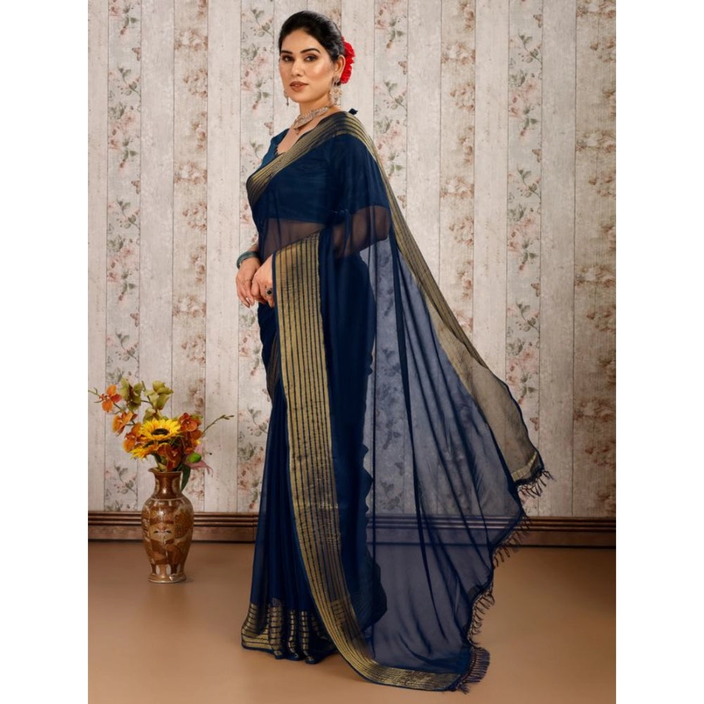 Generic Women's Chiffon Fabric Plain Saree With Unstitched Blouse (Blue, 5-6 Mtrs) - Noble Nook