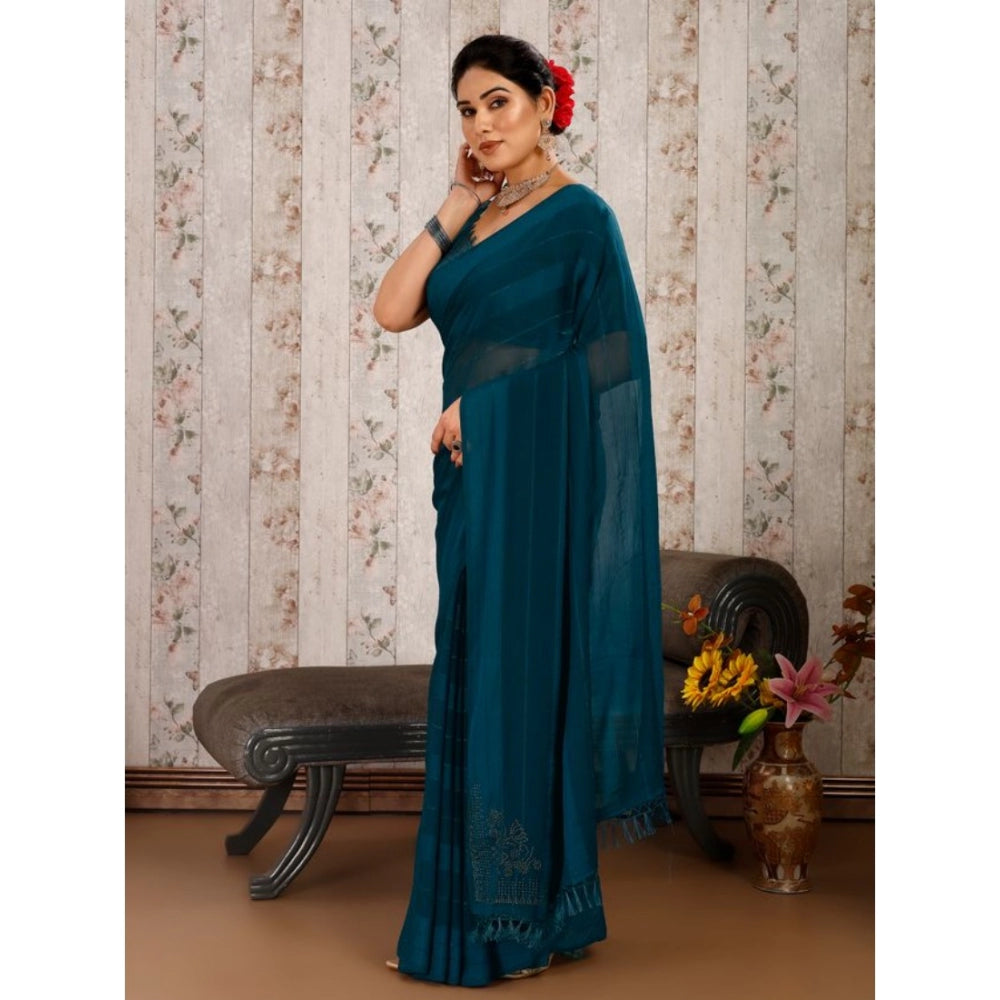 Generic Women's Chiffon Fabric Line Saree With Unstitched Blouse (Blue, 5-6 Mtrs) - Noble Nook