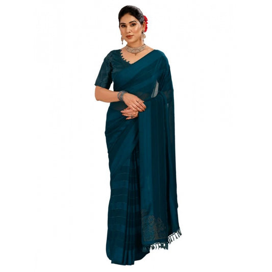 Generic Women's Chiffon Fabric Line Saree With Unstitched Blouse (Blue, 5-6 Mtrs) - Noble Nook