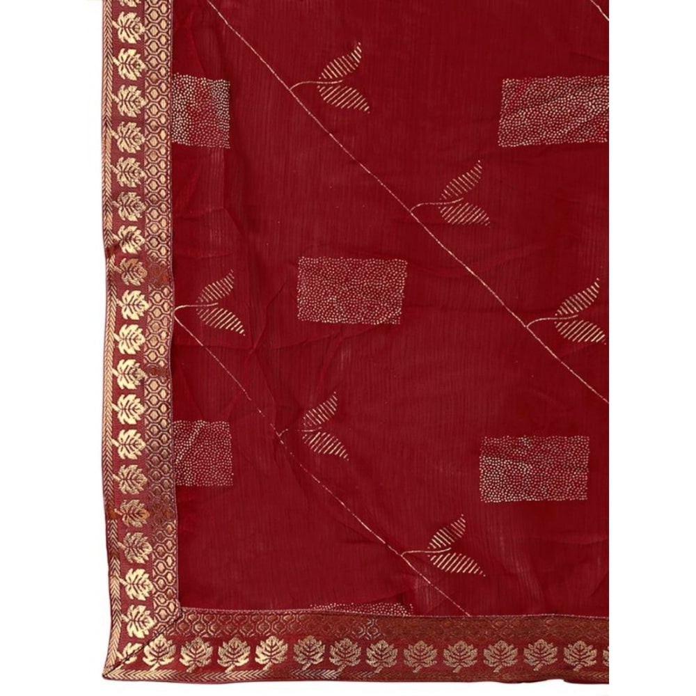 Generic Women's Zomto Patta Chiffon Saree With Unstitched Blouse (Maroon, 5-6 Mtrs) - Noble Nook