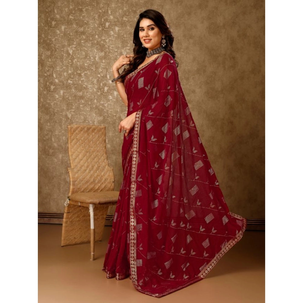 Generic Women's Zomto Patta Chiffon Saree With Unstitched Blouse (Maroon, 5-6 Mtrs) - Noble Nook