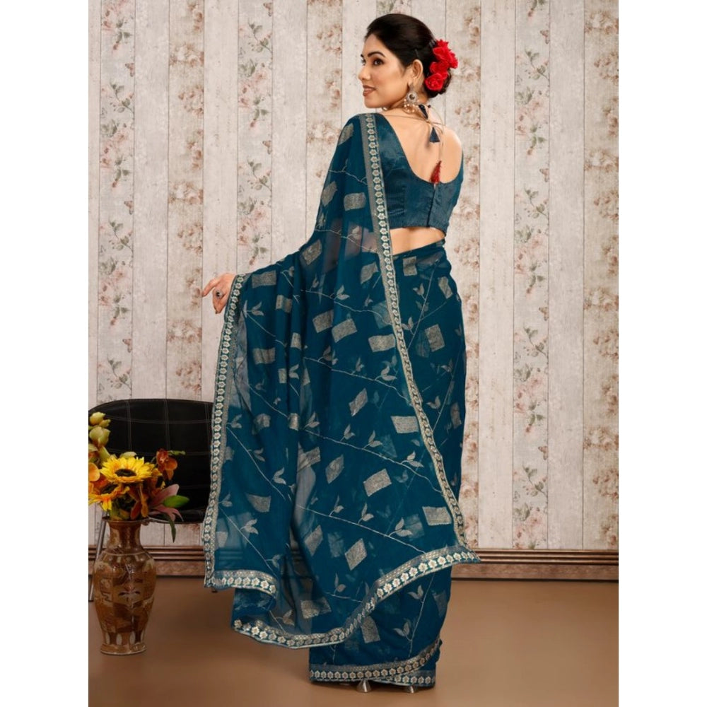 Generic Women's Zomto Patta Chiffon Saree With Unstitched Blouse (Blue, 5-6 Mtrs) - Noble Nook