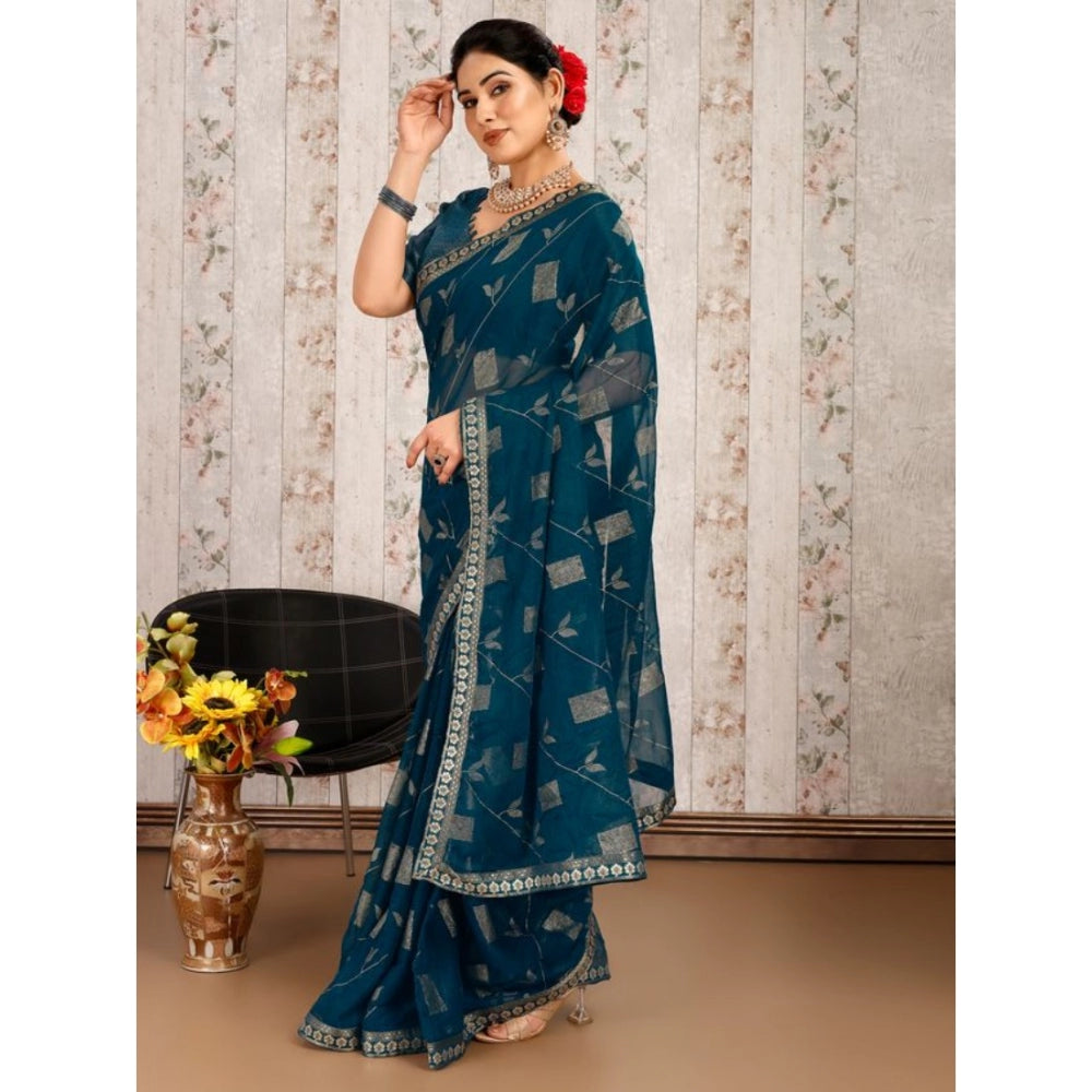 Generic Women's Zomto Patta Chiffon Saree With Unstitched Blouse (Blue, 5-6 Mtrs) - Noble Nook