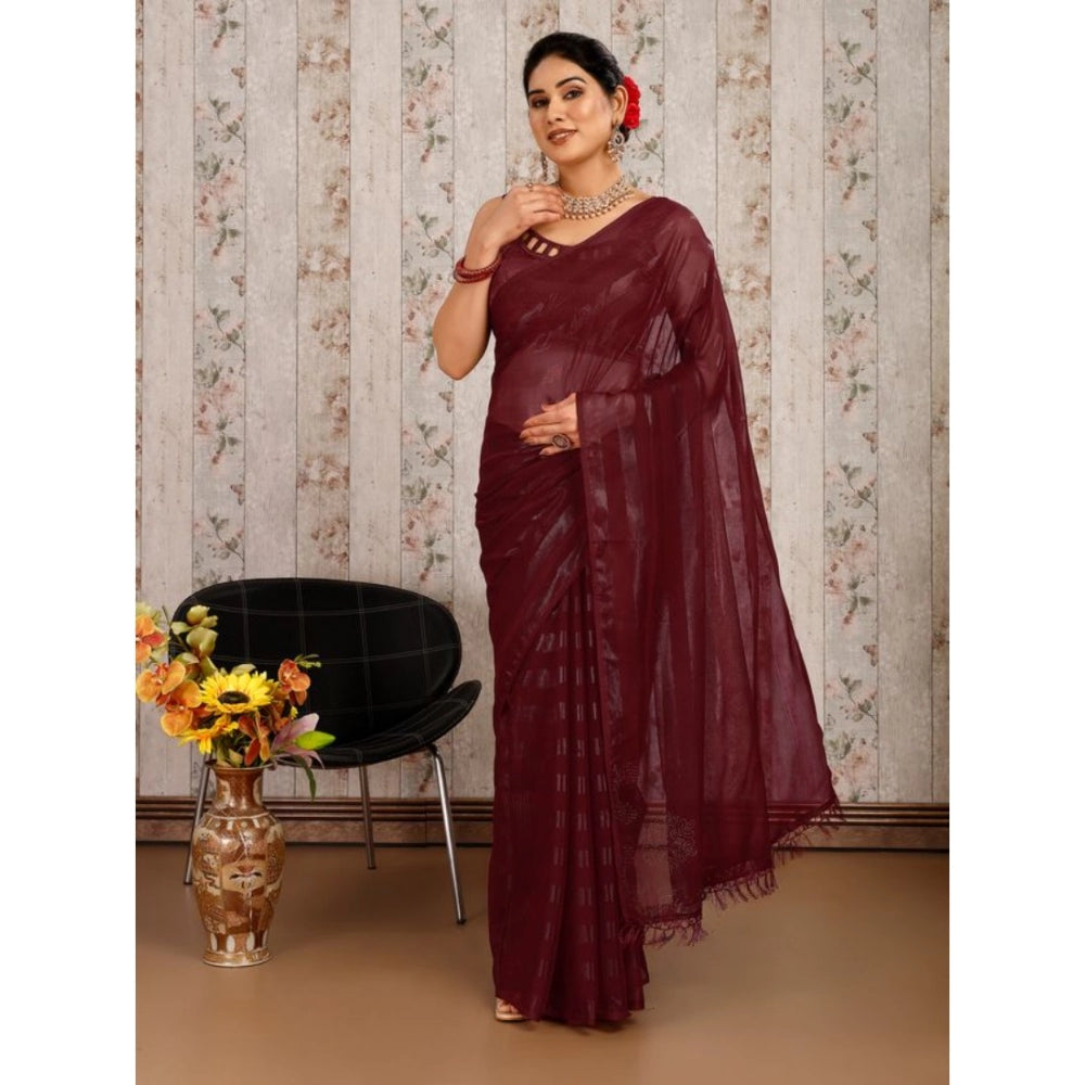 Generic Women's Chiffon Fabric Line Saree With Unstitched Blouse (Maroon, 5-6 Mtrs) - Noble Nook