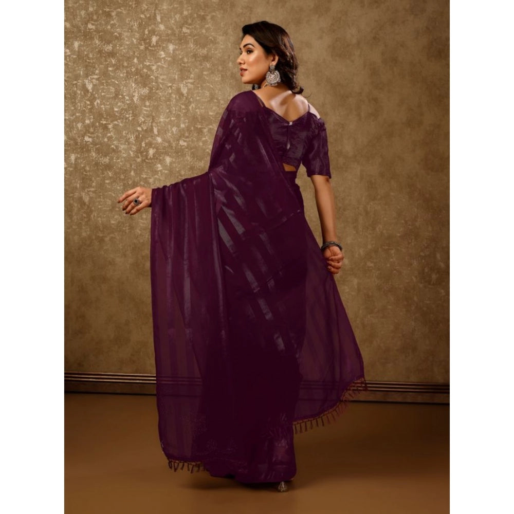 Generic Women's Chiffon Fabric Line Saree With Unstitched Blouse (Purple, 5-6 Mtrs) - Noble Nook