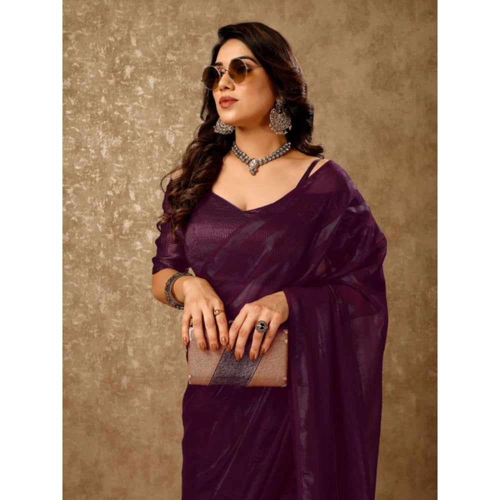 Generic Women's Chiffon Fabric Line Saree With Unstitched Blouse (Purple, 5-6 Mtrs) - Noble Nook