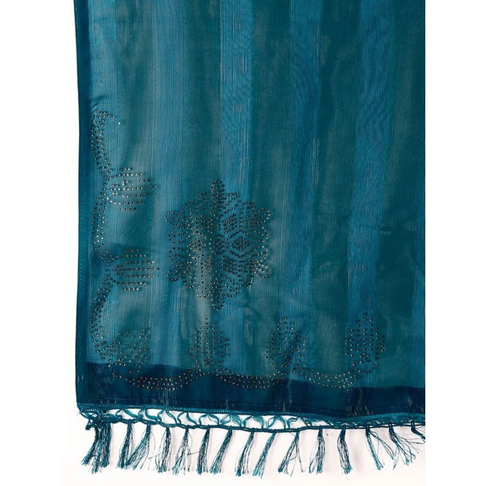 Generic Women's Chiffon Fabric Line Saree With Unstitched Blouse (Teal Blue, 5-6 Mtrs) - Noble Nook