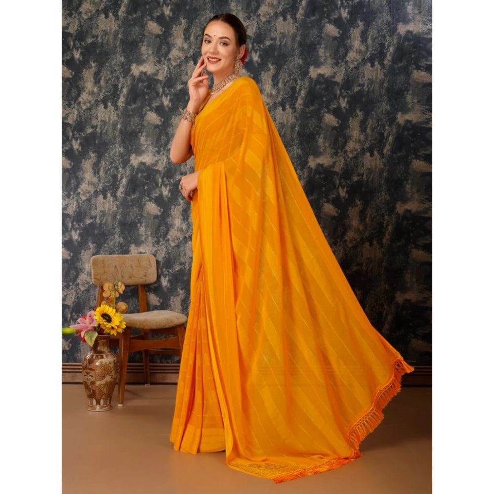 Generic Women's Chiffon Fabric Line Saree With Unstitched Blouse (Yellow, 5-6 Mtrs) - Noble Nook