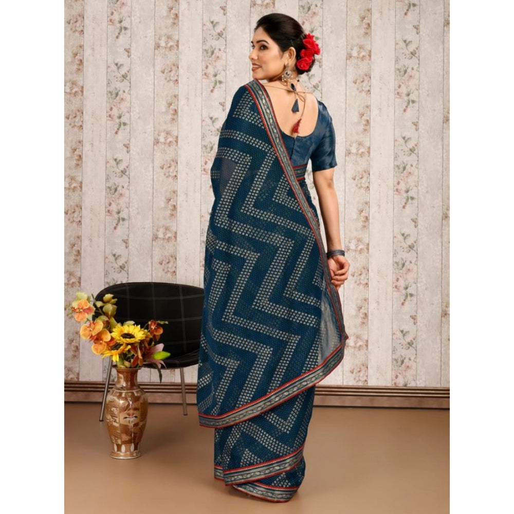 Generic Women's Zomto Zig Zag Saree With Unstitched Blouse (Blue, 5-6 Mtrs) - Noble Nook