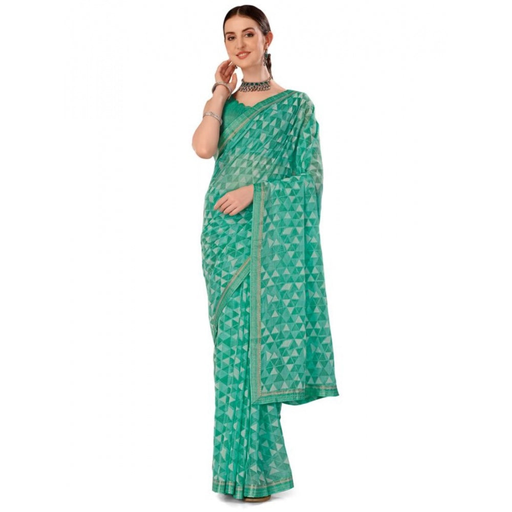 Generic Women's Zomto Printed Saree With Unstitched Blouse (Turquoise Green, 5-6 Mtrs) - Noble Nook