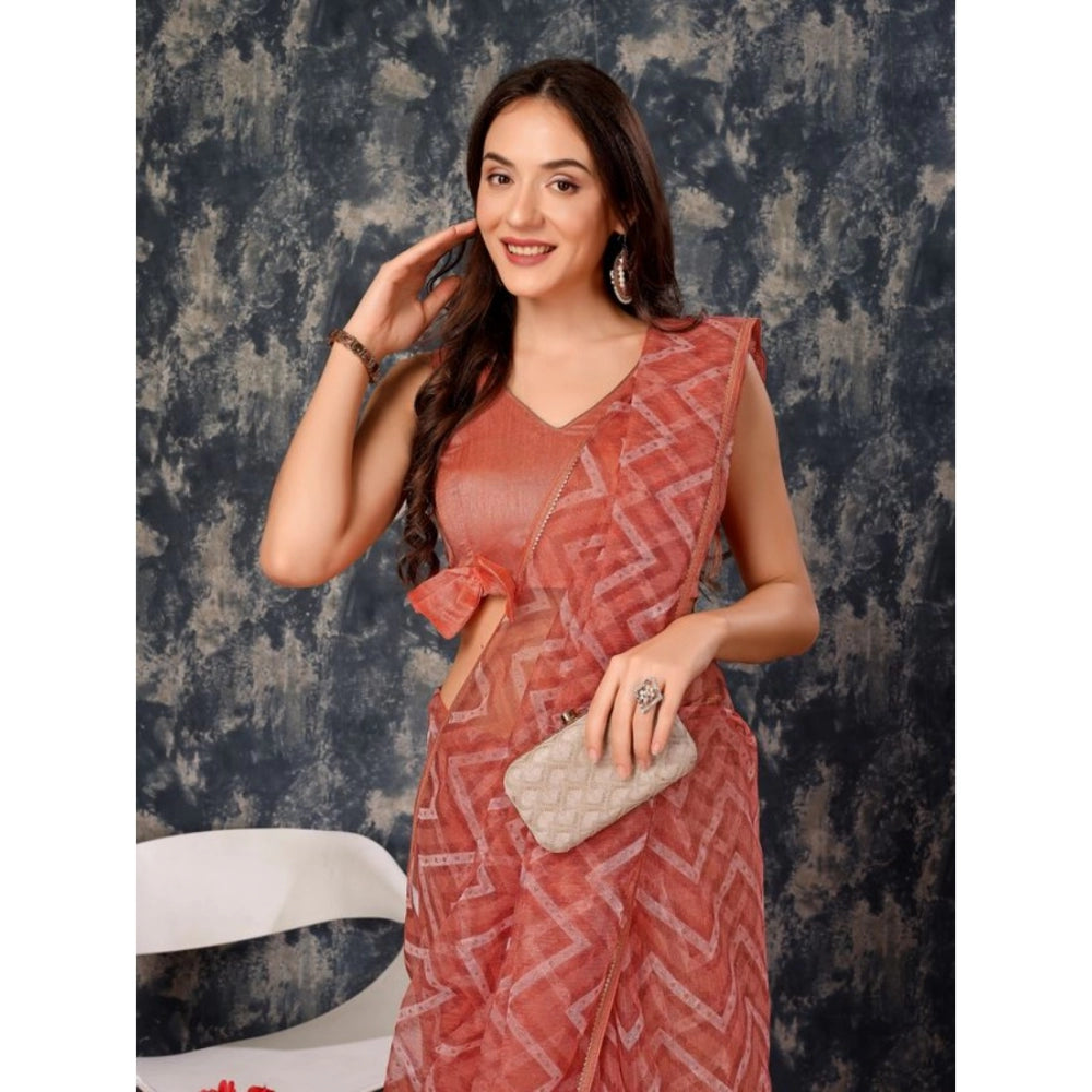 Generic Women's Linen Zig Zag Saree With Unstitched Blouse (Peach, 5-6 Mtrs) - Noble Nook