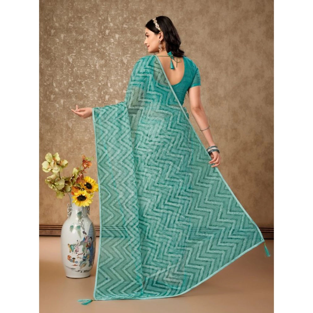 Generic Women's Linen Zig Zag Saree With Unstitched Blouse (Turquoise Green, 5-6 Mtrs) - Noble Nook