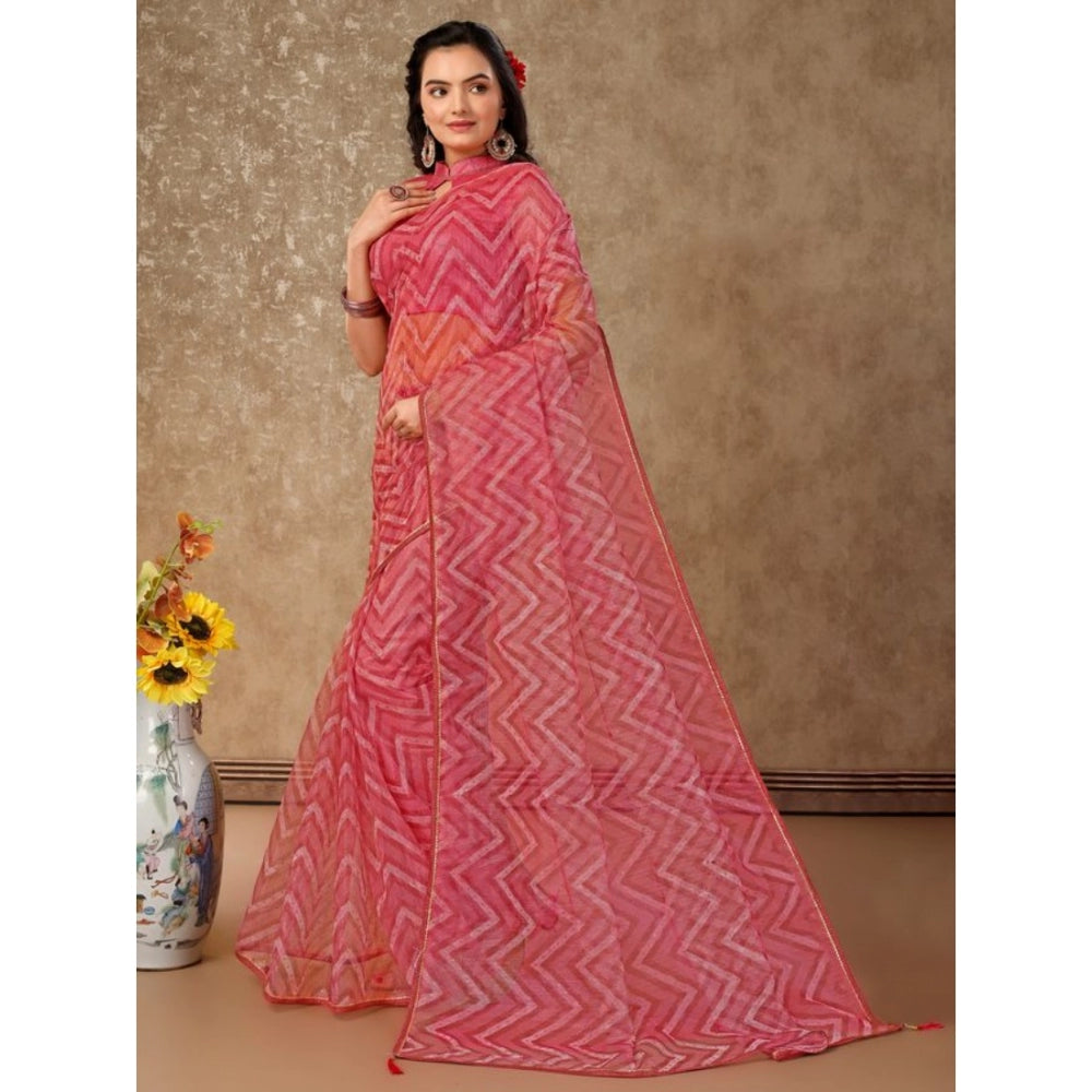 Generic Women's Linen Zig Zag Saree With Unstitched Blouse (Pink, 5-6 Mtrs) - Noble Nook