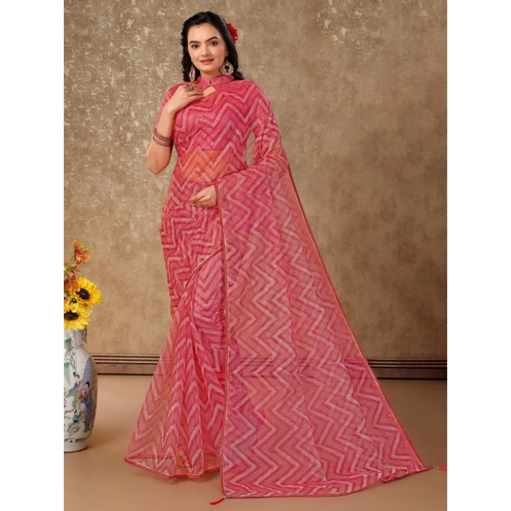 Generic Women's Linen Zig Zag Saree With Unstitched Blouse (Pink, 5-6 Mtrs) - Noble Nook