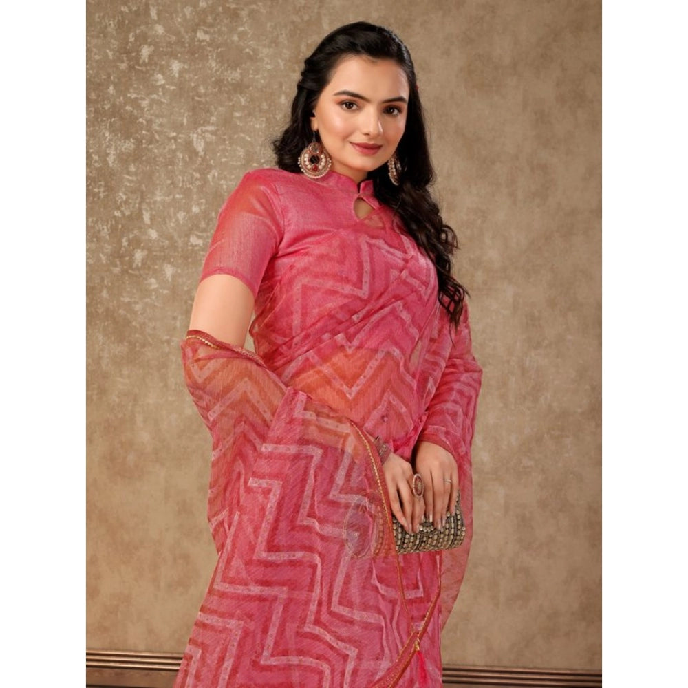 Generic Women's Linen Zig Zag Saree With Unstitched Blouse (Pink, 5-6 Mtrs) - Noble Nook