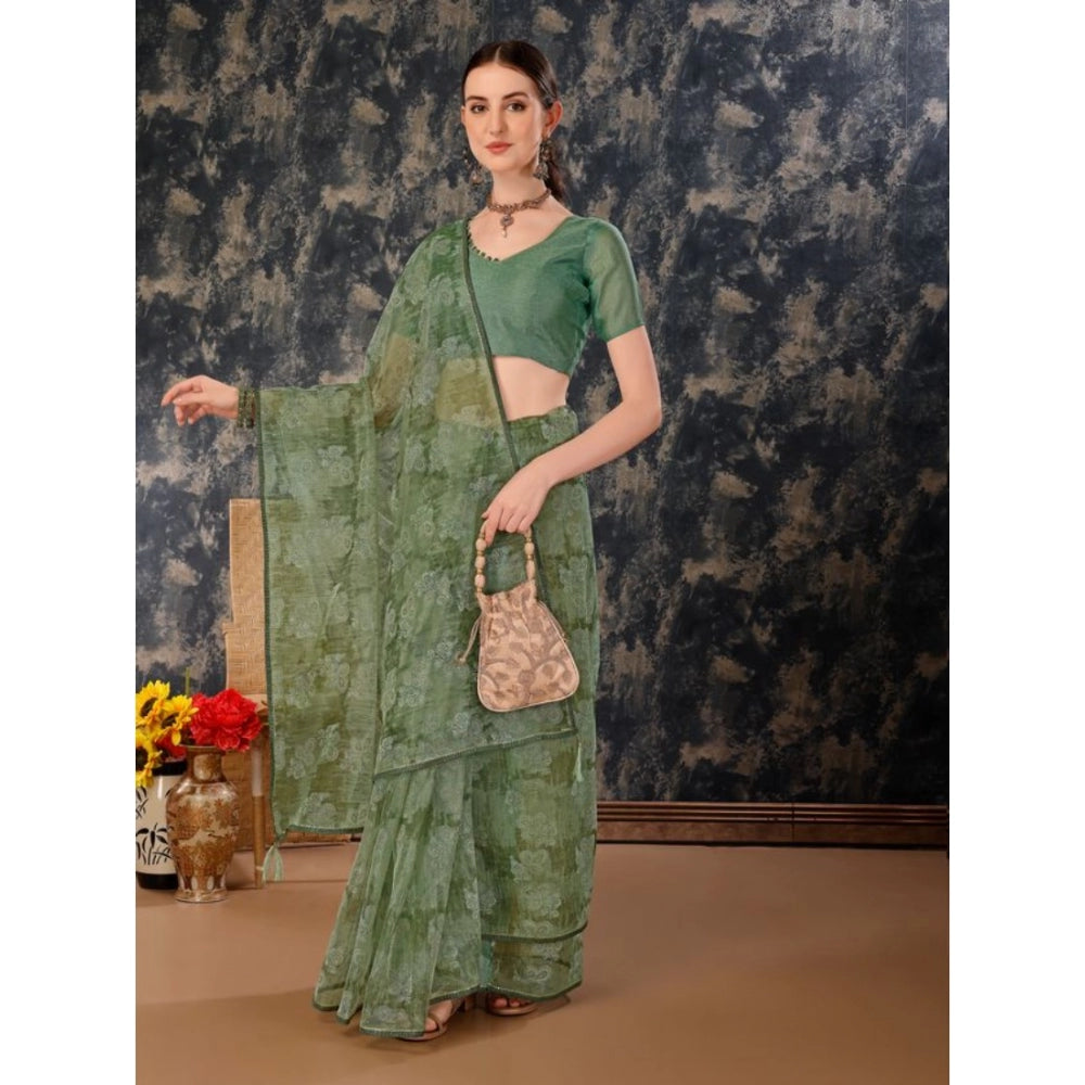 Generic Women's Linen Floral Printed Saree With Unstitched Blouse (Green, 5-6 Mtrs) - Noble Nook