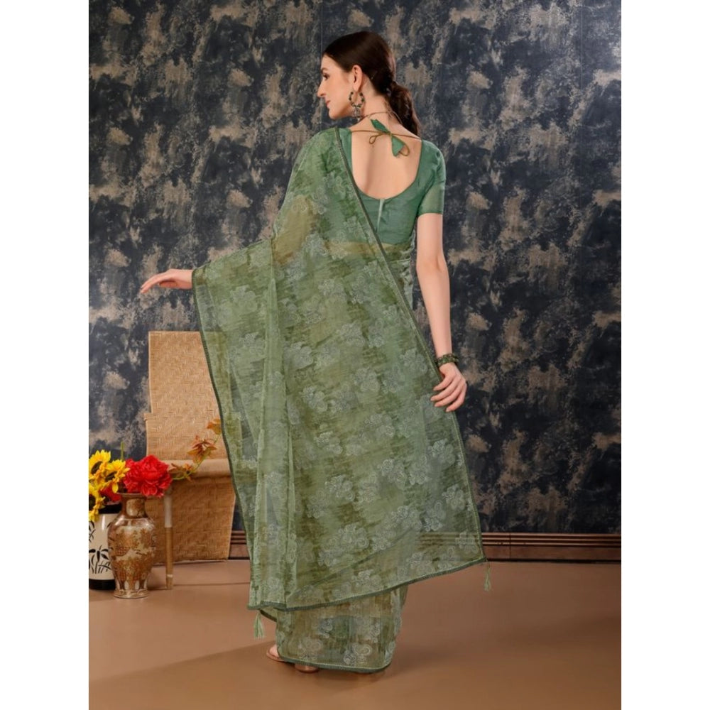 Generic Women's Linen Floral Printed Saree With Unstitched Blouse (Green, 5-6 Mtrs) - Noble Nook