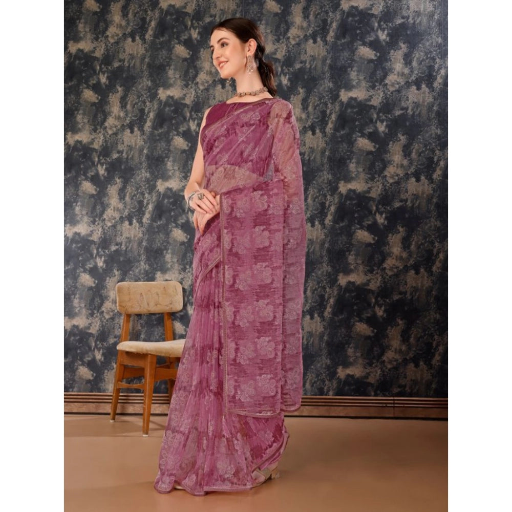 Generic Women's Linen Floral Printed Saree With Unstitched Blouse (Purple, 5-6 Mtrs) - Noble Nook