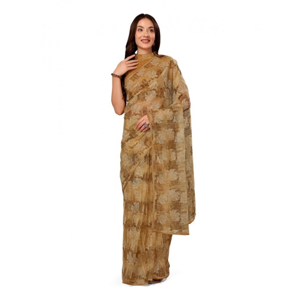 Generic Women's Linen Floral Printed Saree With Unstitched Blouse (Brown, 5-6 Mtrs) - Noble Nook