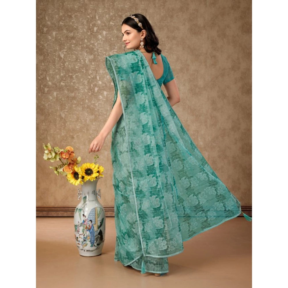 Generic Women's Linen Floral Printed Saree With Unstitched Blouse (Turquoise Green, 5-6 Mtrs) - Noble Nook