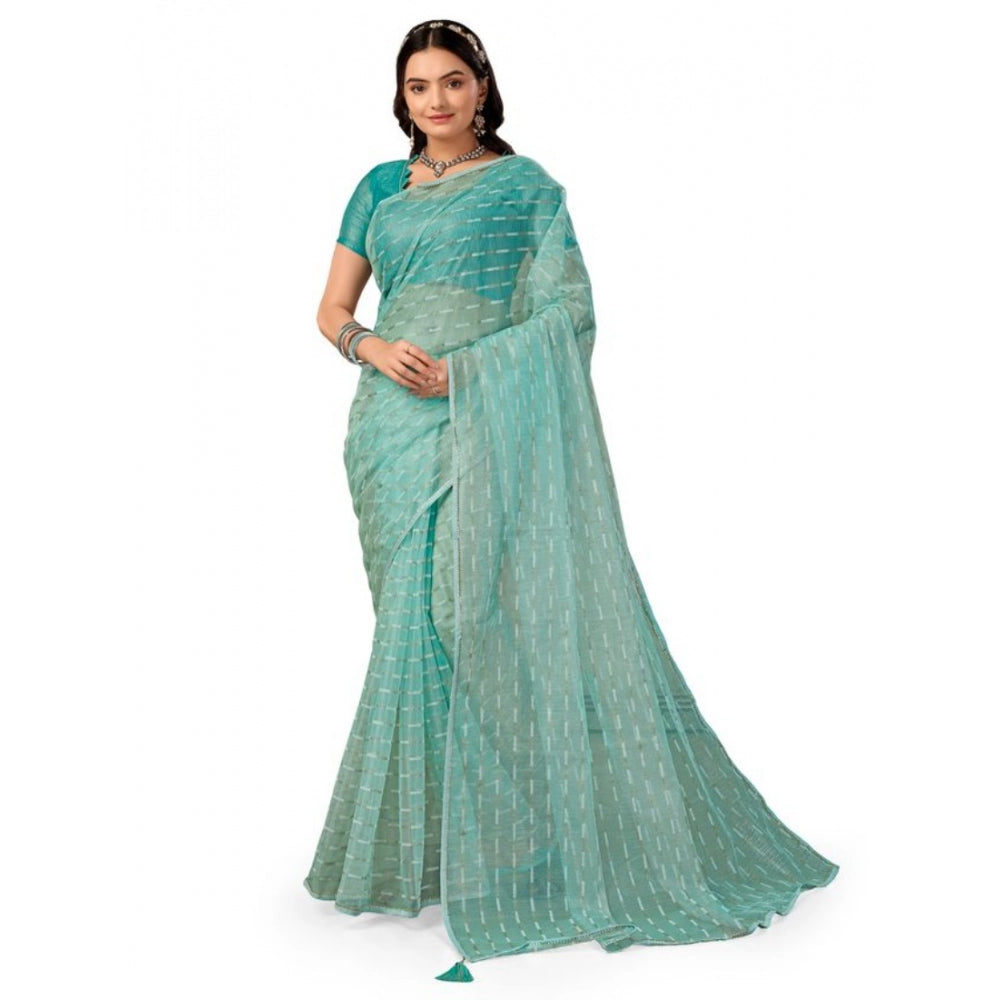 Generic Women's Linen Line Saree With Unstitched Blouse (Turquoise Green, 5-6 Mtrs) - Noble Nook