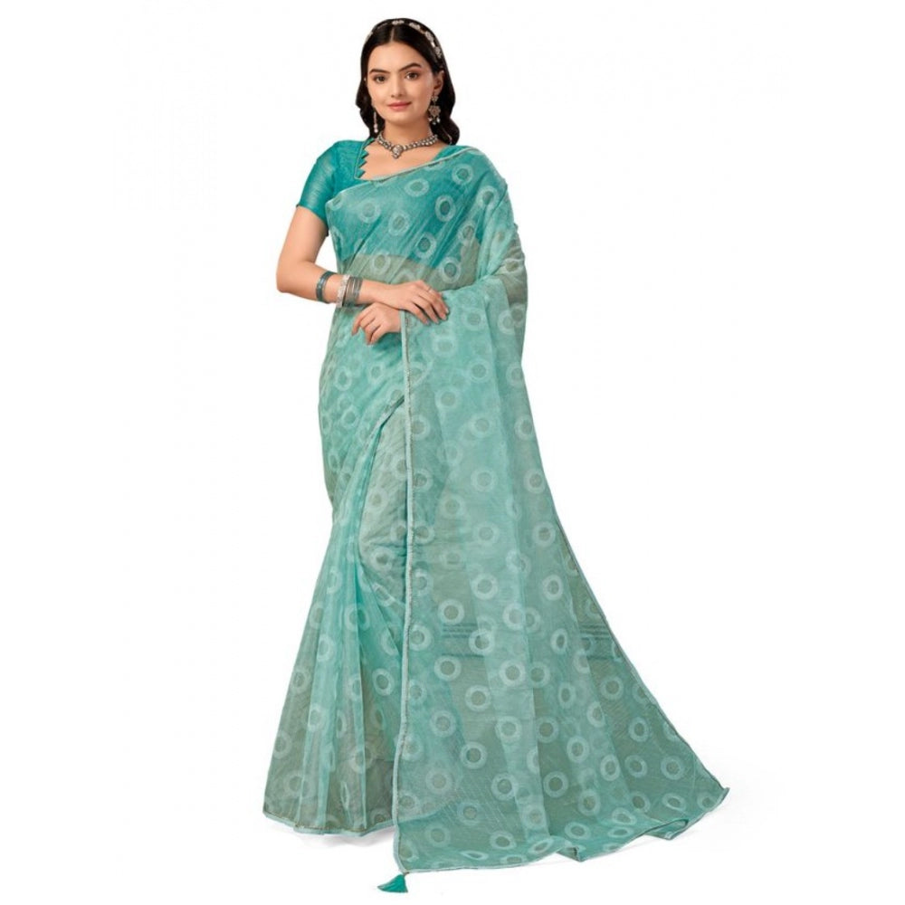 Generic Women's Linen Gola Printed Saree With Unstitched Blouse (Turquoise Green, 5-6 Mtrs) - Noble Nook