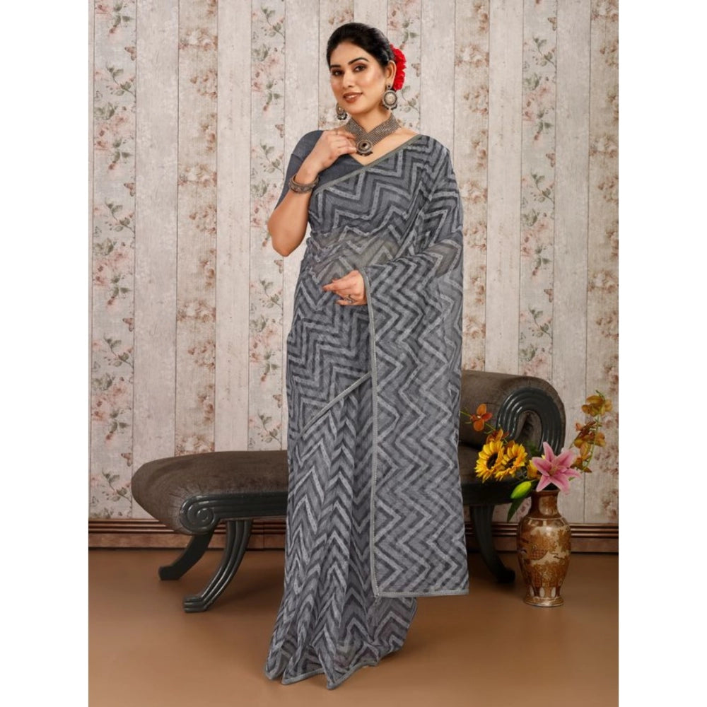 Generic Women's Linen Zig Zag Saree With Unstitched Blouse (Grey, 5-6 Mtrs) - Noble Nook