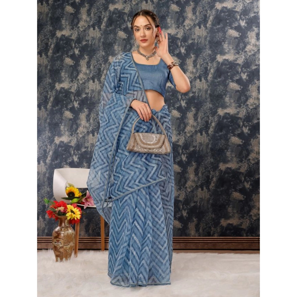 Generic Women's Linen Zig Zag Saree With Unstitched Blouse (Blue, 5-6 Mtrs) - Noble Nook