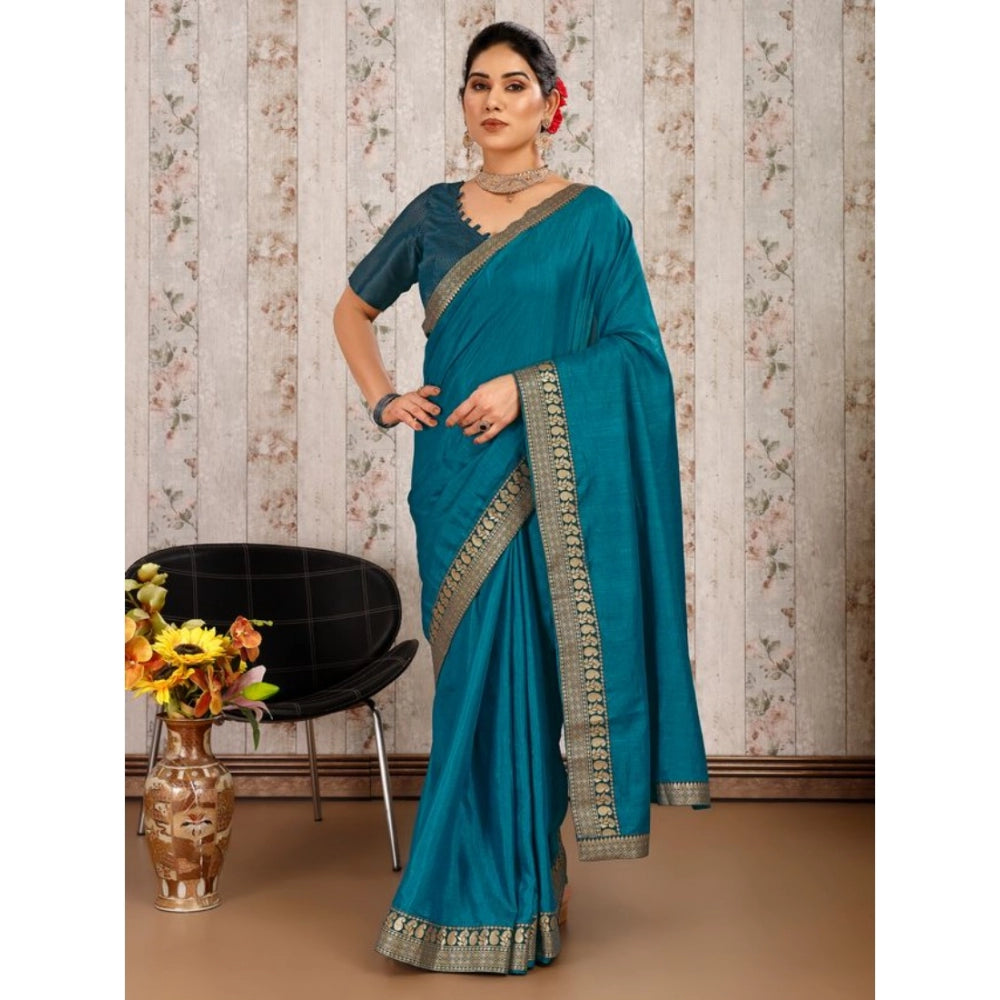 Generic Women's Vichitra Plain Saree With Unstitched Blouse (Blue, 5-6 Mtrs) - Noble Nook