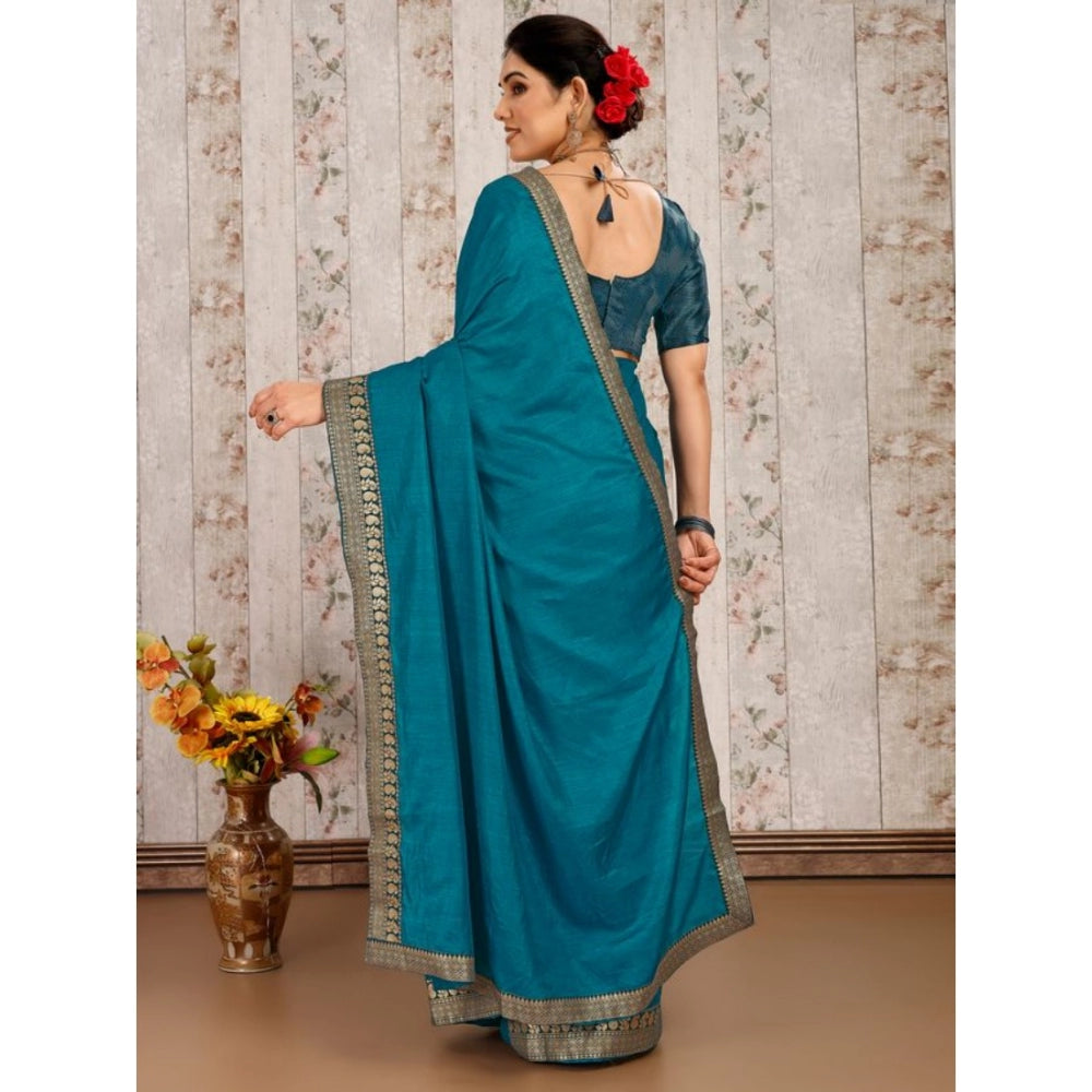 Generic Women's Vichitra Plain Saree With Unstitched Blouse (Blue, 5-6 Mtrs) - Noble Nook