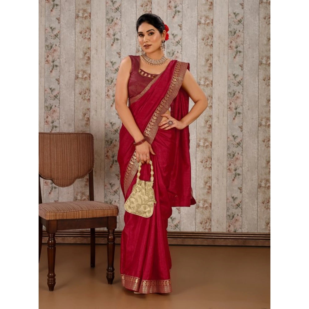 Generic Women's Vichitra Plain Saree With Unstitched Blouse (Maroon, 5-6 Mtrs) - Noble Nook