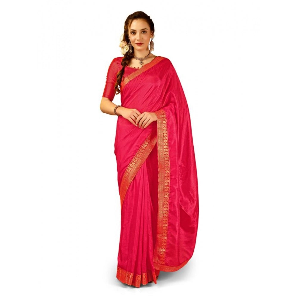 Generic Women's Vichitra Plain Saree With Unstitched Blouse (Pink, 5-6 Mtrs) - Noble Nook