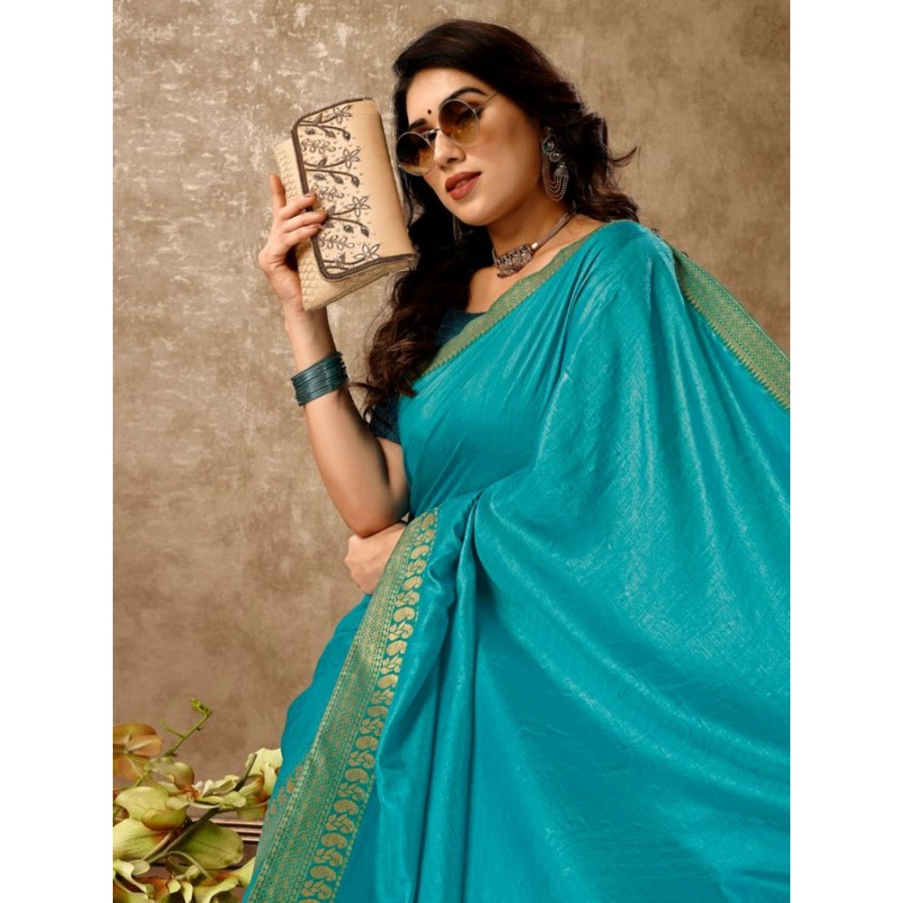 Generic Women's Vichitra Plain Saree With Unstitched Blouse (Teal Blue, 5-6 Mtrs) - Noble Nook