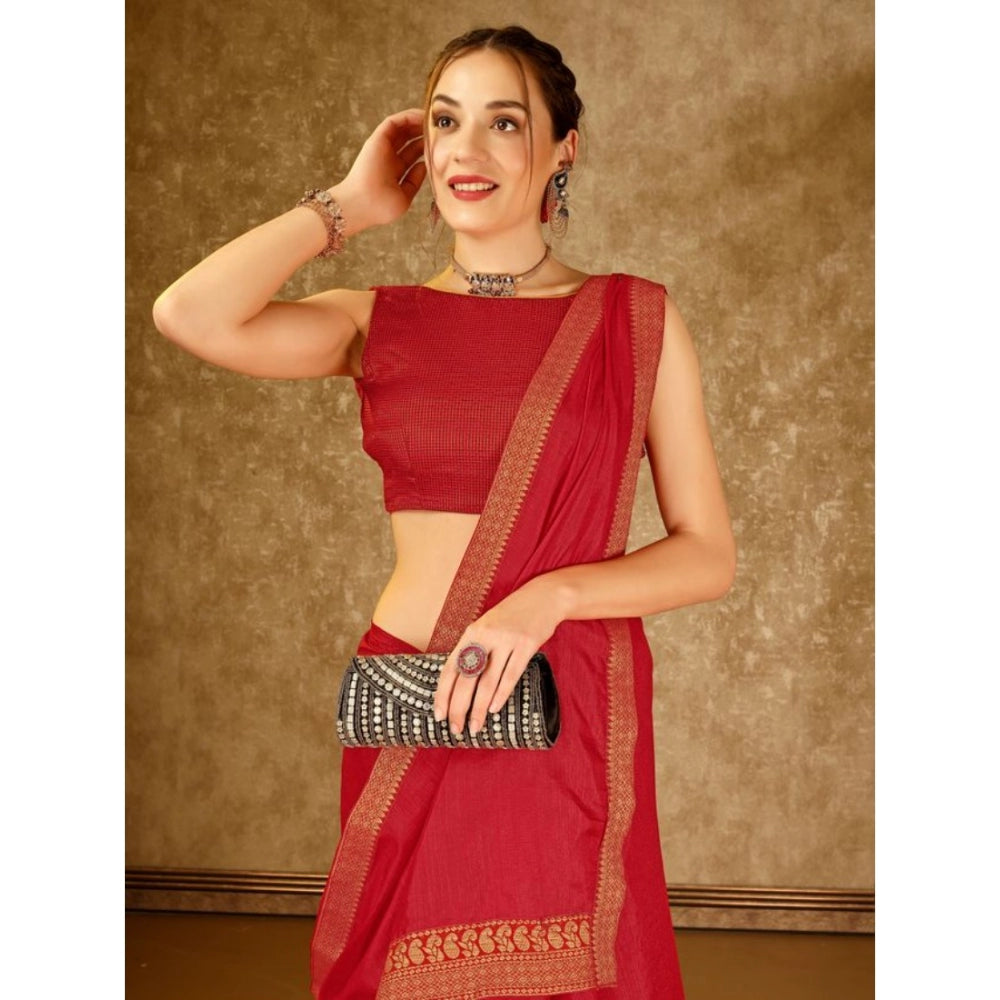 Generic Women's Vichitra Plain Saree With Unstitched Blouse (Red, 5-6 Mtrs) - Noble Nook