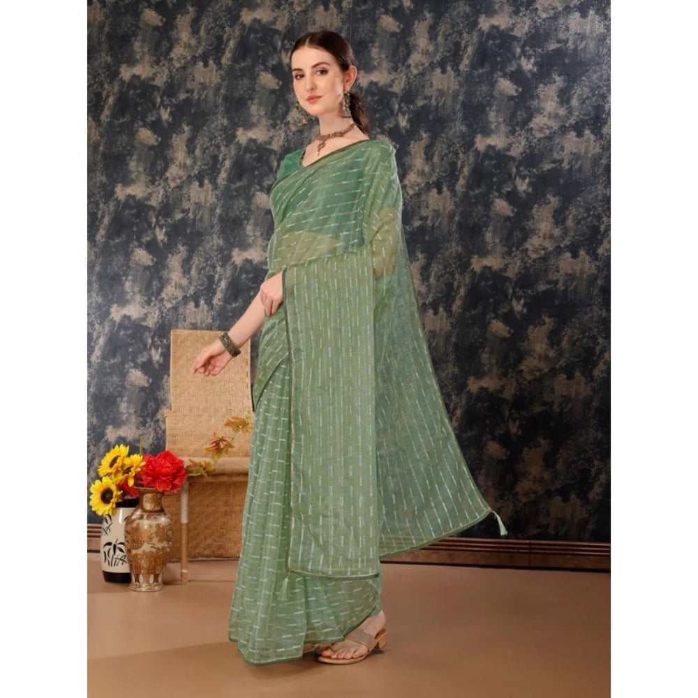 Generic Women's Linen Line Saree With Unstitched Blouse (Green, 5-6 Mtrs) - Noble Nook