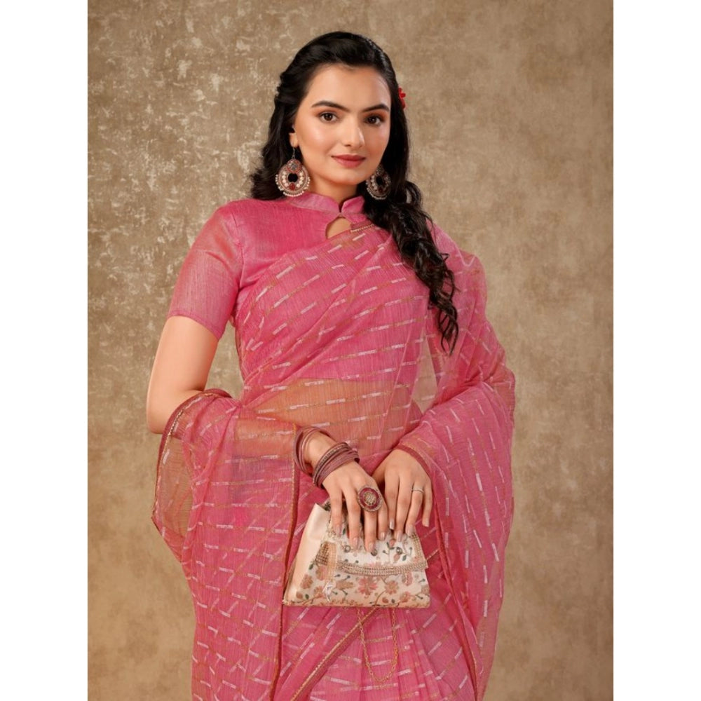 Generic Women's Linen Line Saree With Unstitched Blouse (Pink, 5-6 Mtrs) - Noble Nook