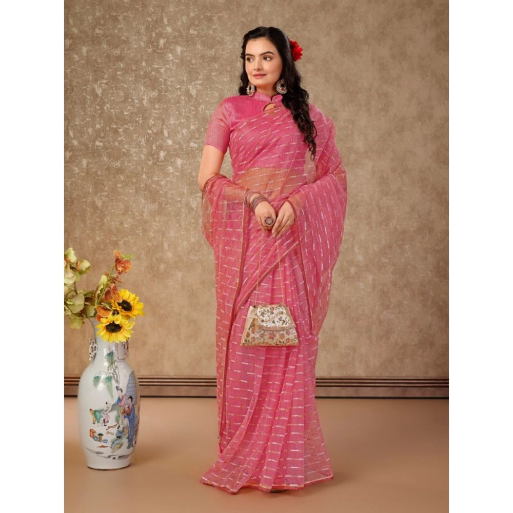 Generic Women's Linen Line Saree With Unstitched Blouse (Pink, 5-6 Mtrs) - Noble Nook