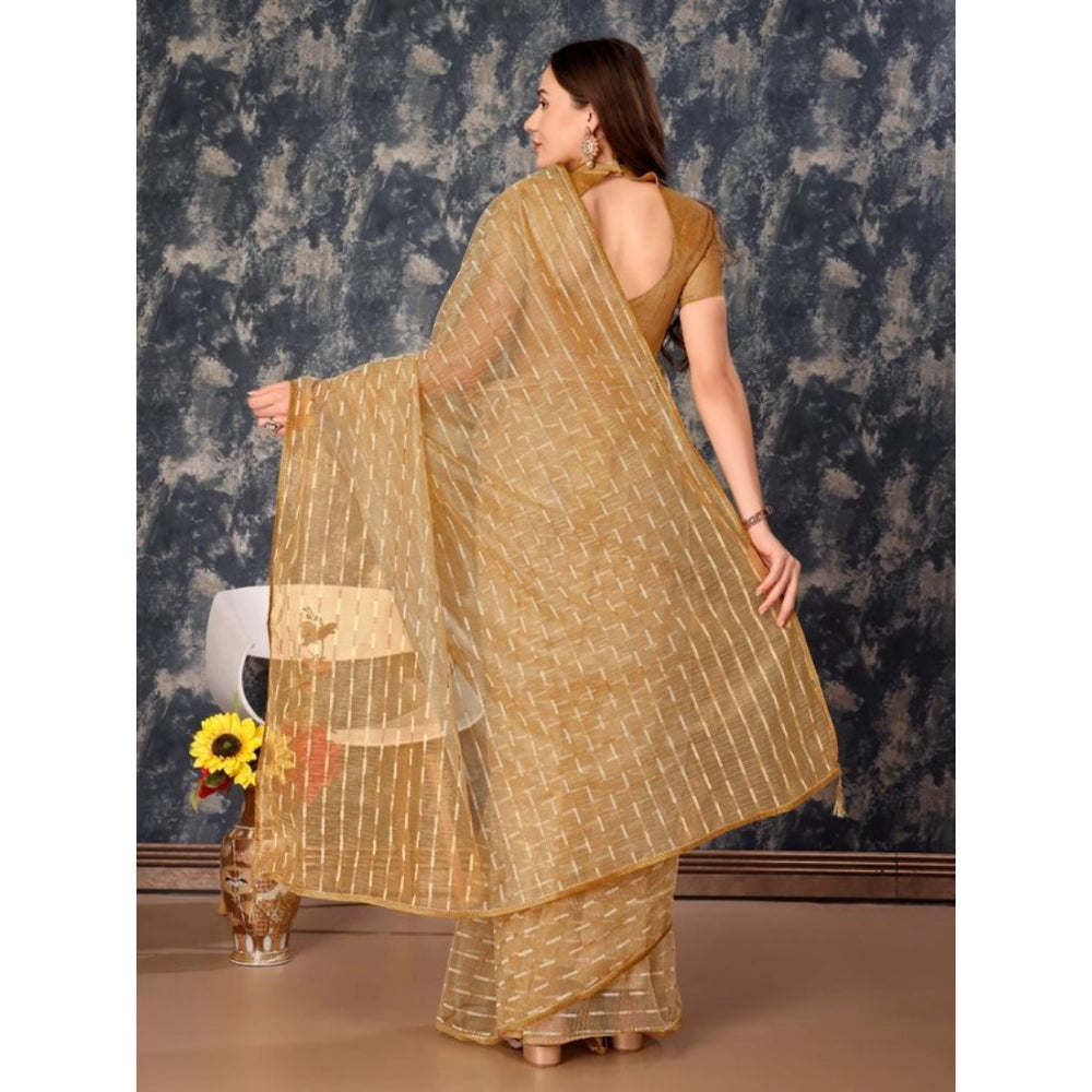 Generic Women's Linen Line Saree With Unstitched Blouse (Beige, 5-6 Mtrs) - Noble Nook