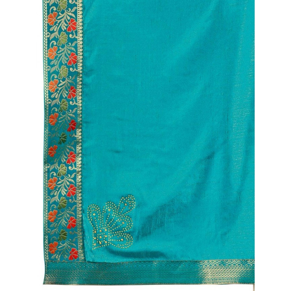 Generic Women's Vichitra Swiroshki Butta Saree With Unstitched Blouse (Turquoise Blue, 5-6 Mtrs) - Noble Nook