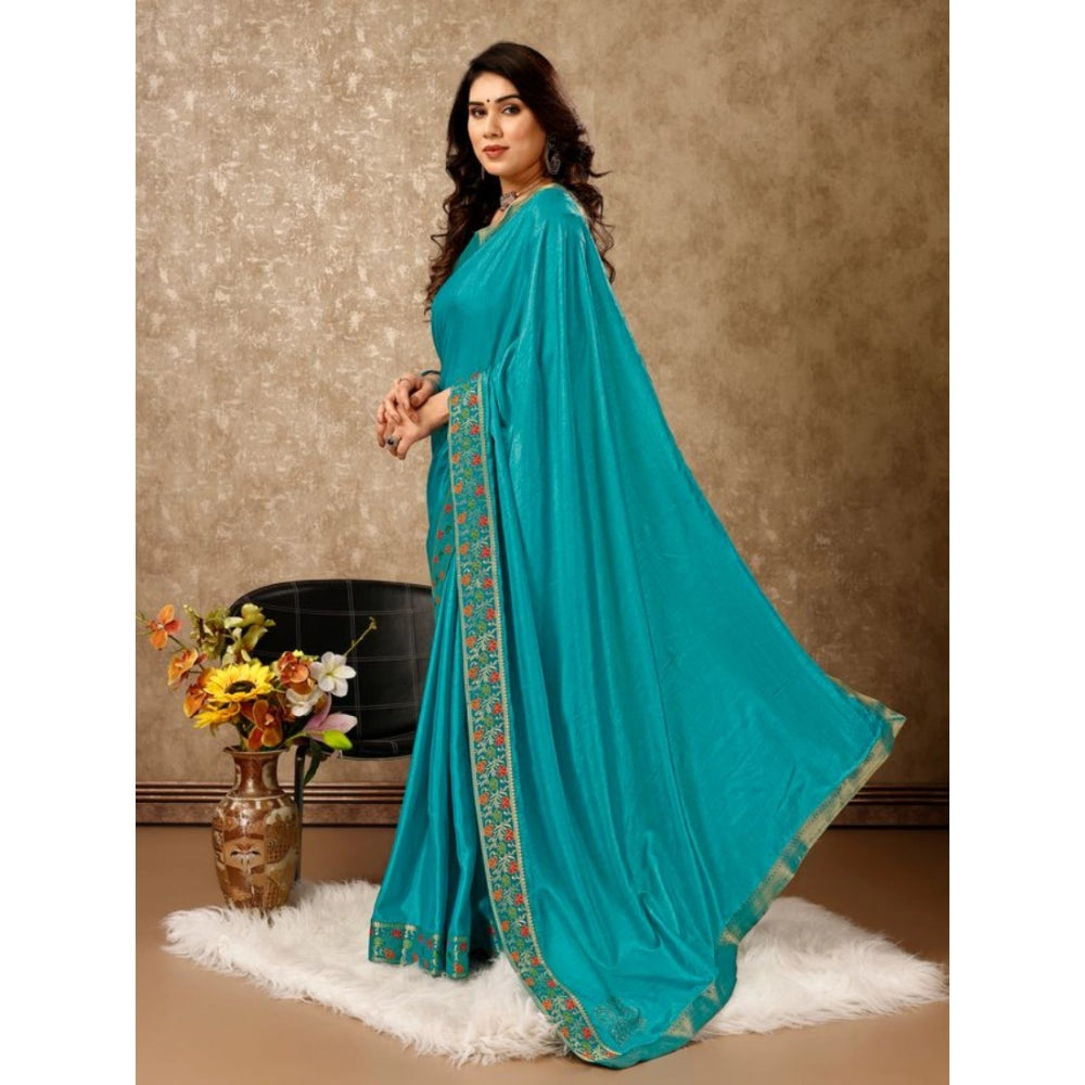 Generic Women's Vichitra Swiroshki Butta Saree With Unstitched Blouse (Turquoise Blue, 5-6 Mtrs) - Noble Nook