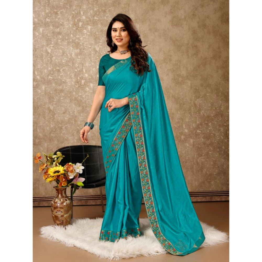 Generic Women's Vichitra Swiroshki Butta Saree With Unstitched Blouse (Turquoise Blue, 5-6 Mtrs) - Noble Nook