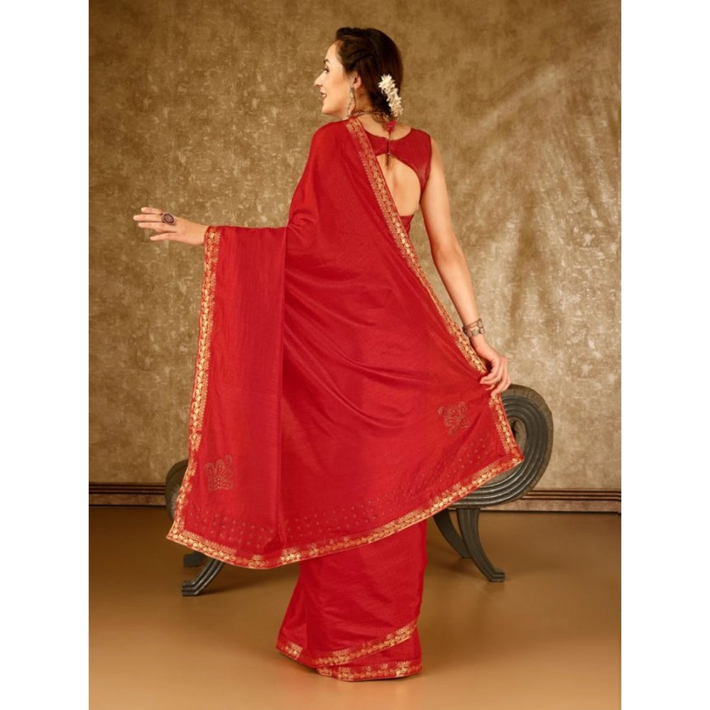 Generic Women's Vichitra Printed Saree With Unstitched Blouse (Red, 5-6 Mtrs) - Noble Nook