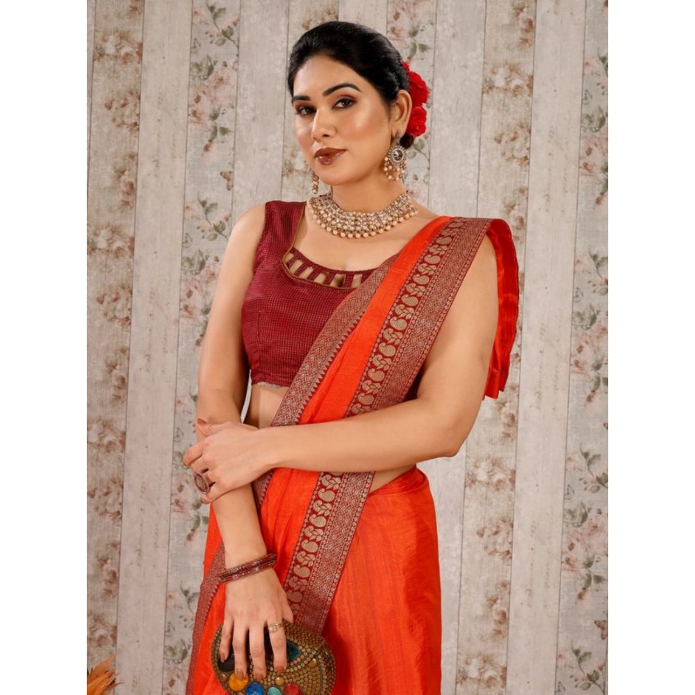 Generic Women's Vichitra Plain Saree With Unstitched Blouse (Orange, 5-6 Mtrs) - Noble Nook