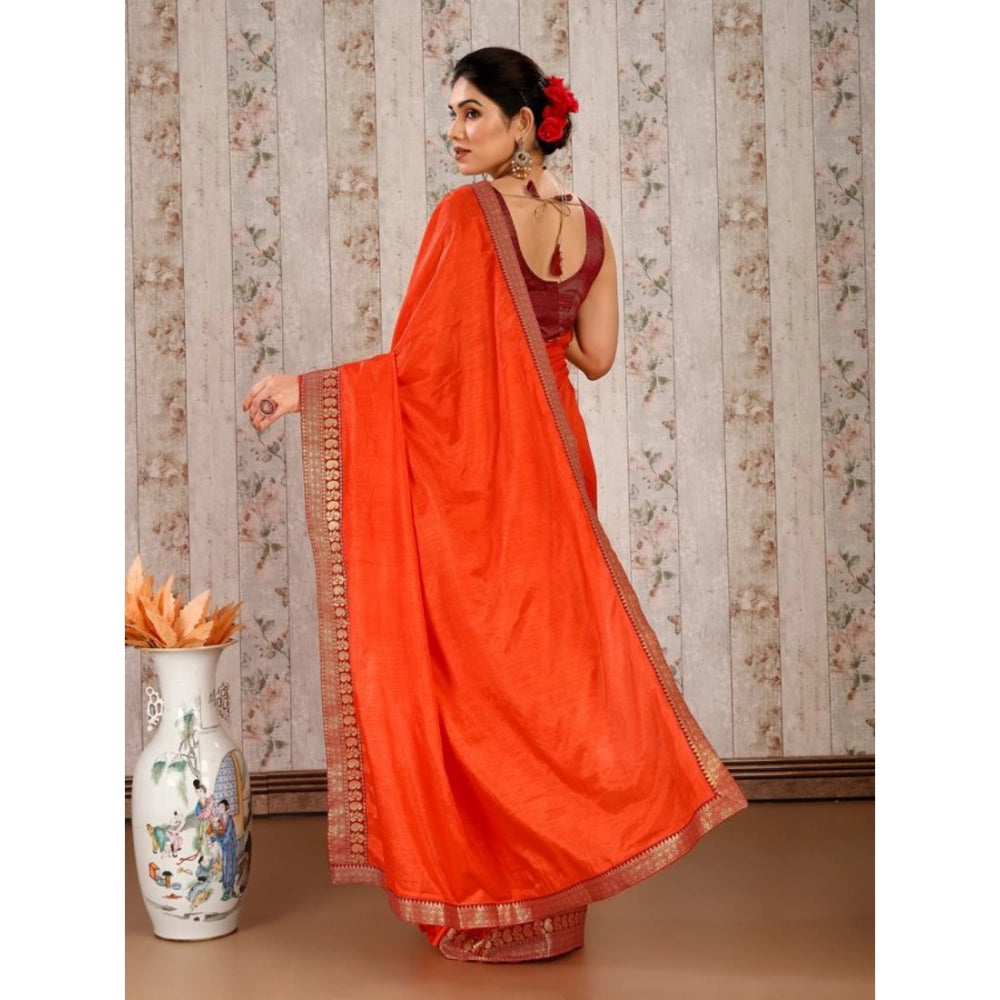 Generic Women's Vichitra Plain Saree With Unstitched Blouse (Orange, 5-6 Mtrs) - Noble Nook