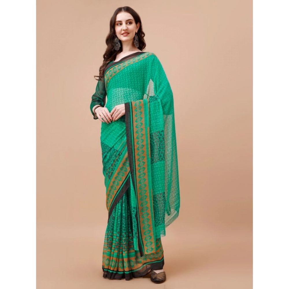 Generic Women's Weightless Floral Printed Saree With Unstitched Blouse (Green, 5-6 Mtrs) - Noble Nook