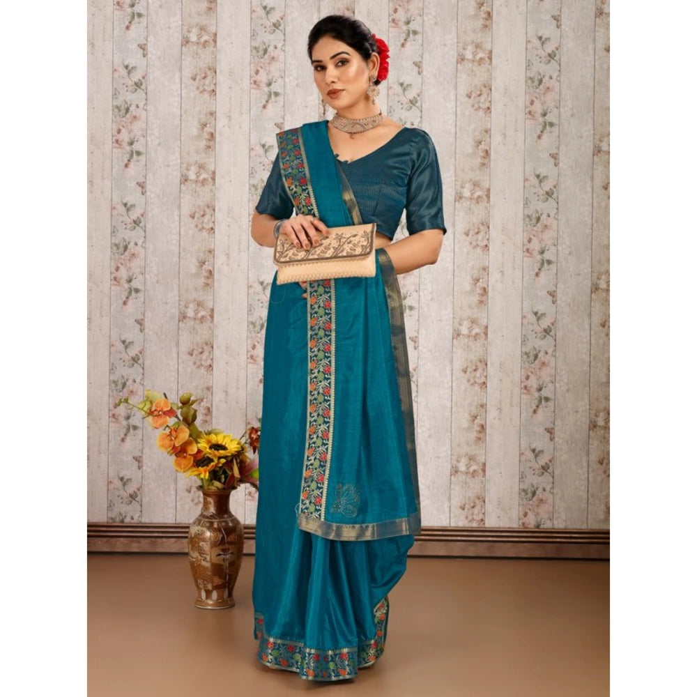 Generic Women's Vichitra Swiroshki Butta Saree With Unstitched Blouse (Teal Blue, 5-6 Mtrs) - Noble Nook