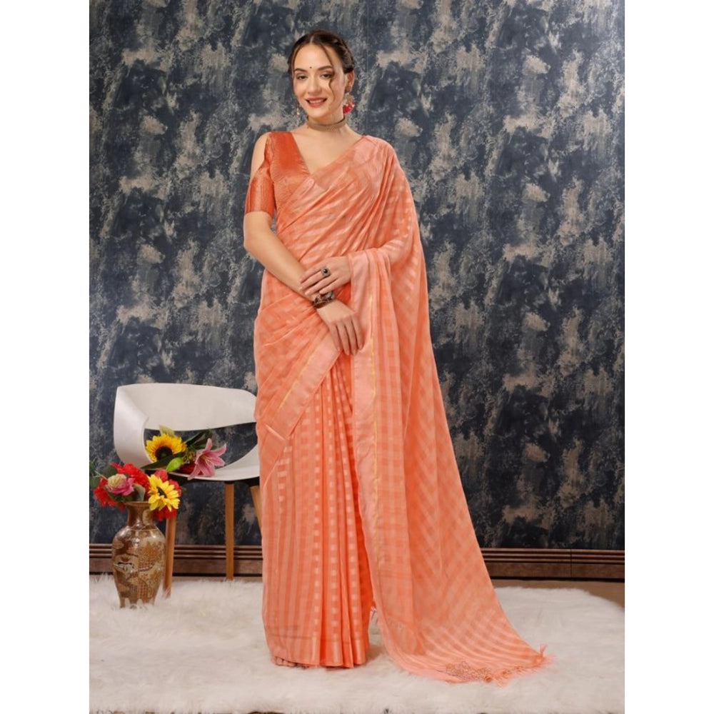 Generic Women's Chiffon Fabric Line Saree With Unstitched Blouse (Peach, 5-6 Mtrs) - Noble Nook