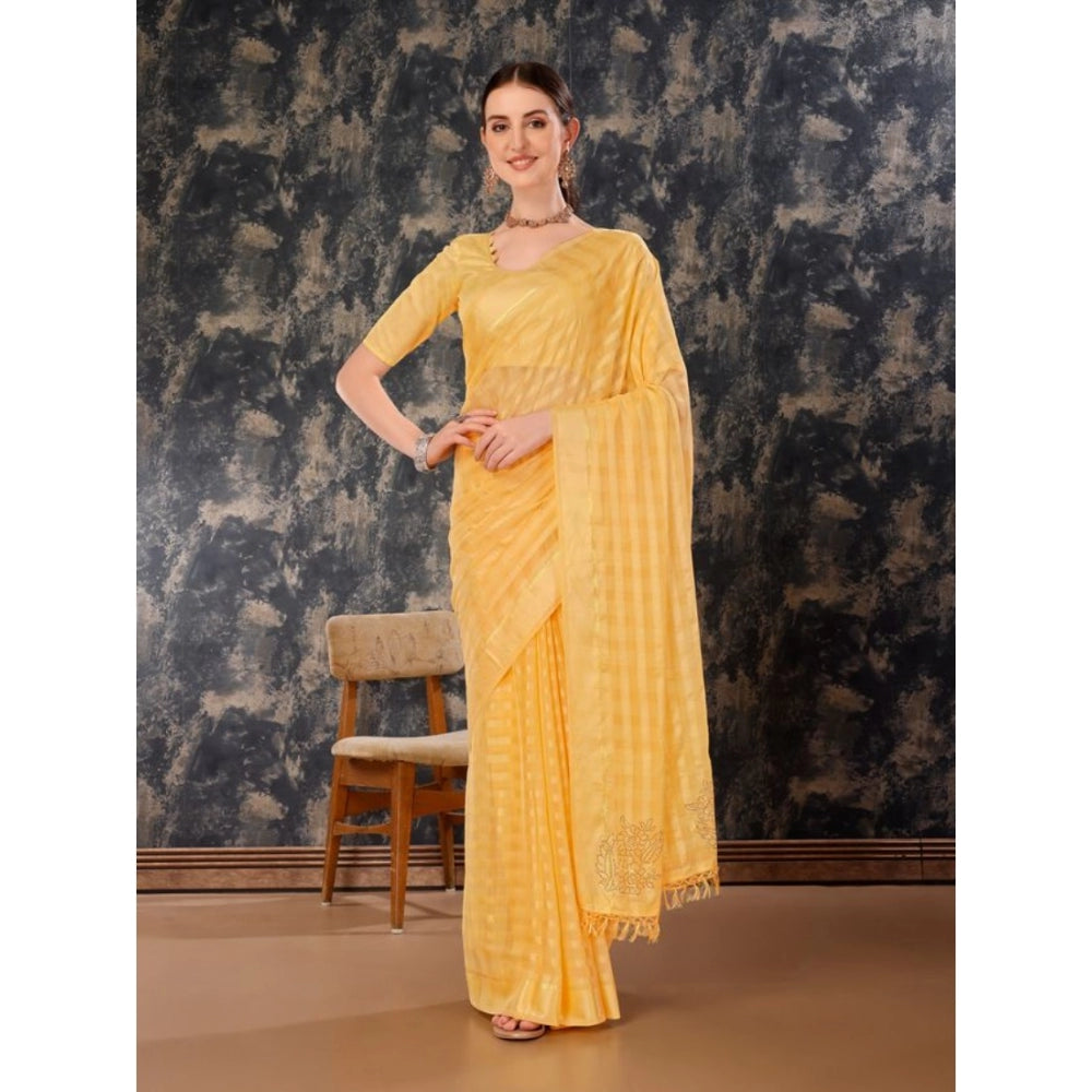 Generic Women's Chiffon Fabric Line Saree With Unstitched Blouse (Yellow, 5-6 Mtrs) - Noble Nook