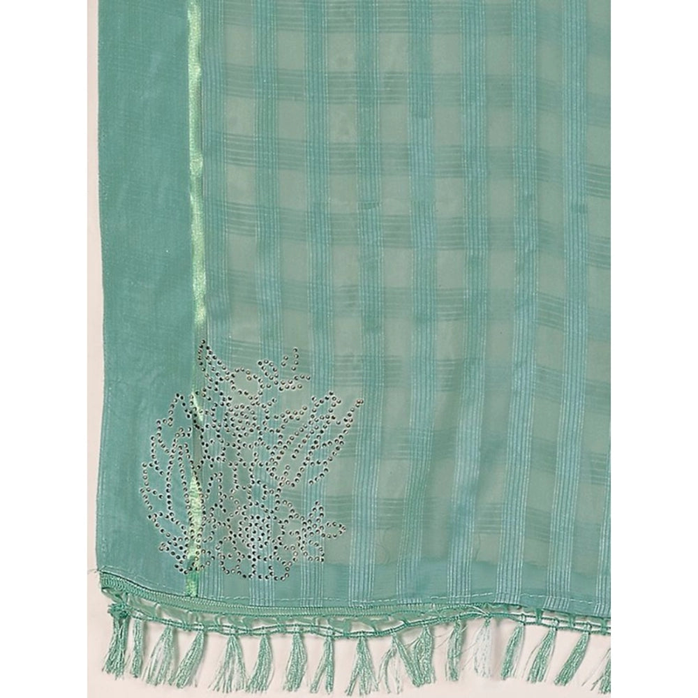 Generic Women's Chiffon Fabric Line Saree With Unstitched Blouse (Turquoise green, 5-6 Mtrs) - Noble Nook